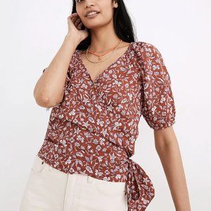 Madewell Puff-Sleeve Wrap Top XS print red Batik print